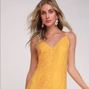Zahria Golden Yellow Lace Button Front Midi Dress